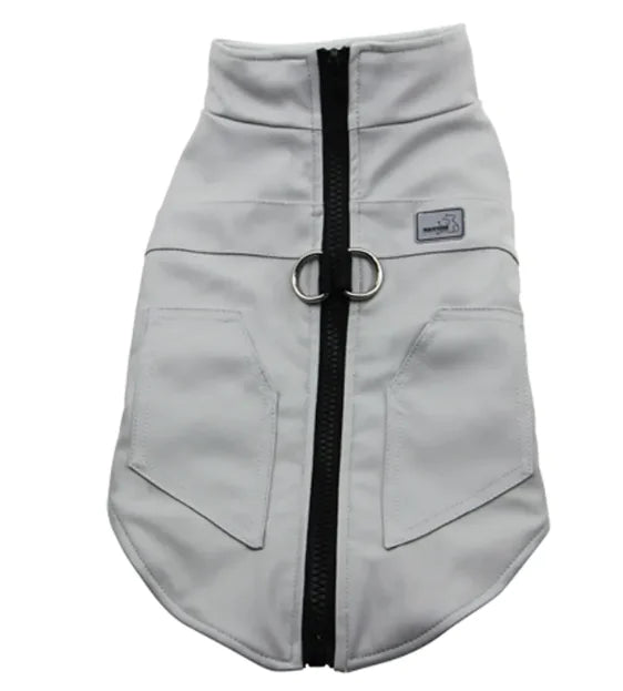 Grey Leather Winter Vest on a dog, showcasing stylish design and cozy fit for pets