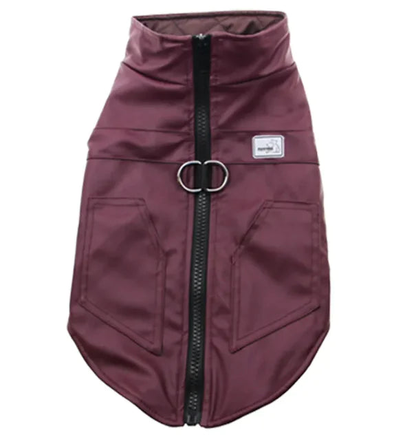 Purple Leather Winter Vest on a dog, showcasing stylish design and cozy fit for pets
