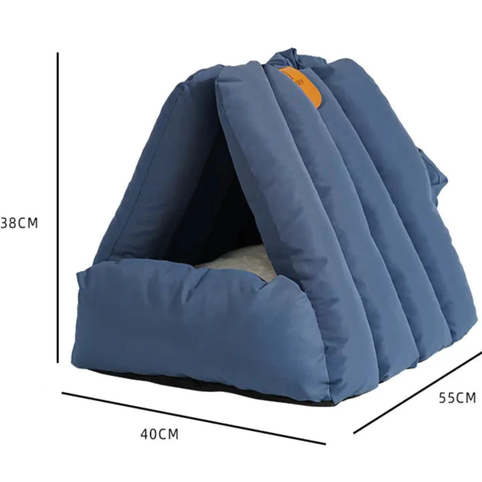 Arch-Blue Minimalist Dual-Use Arched Cat Bed with a cat napping inside, highlighting comfort and modern design.