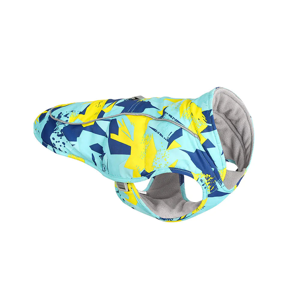 Vibrant Blue Pet New Dog Jacket on a dog, showcasing waterproof polyester and reflective accents for stylish outdoor wear.