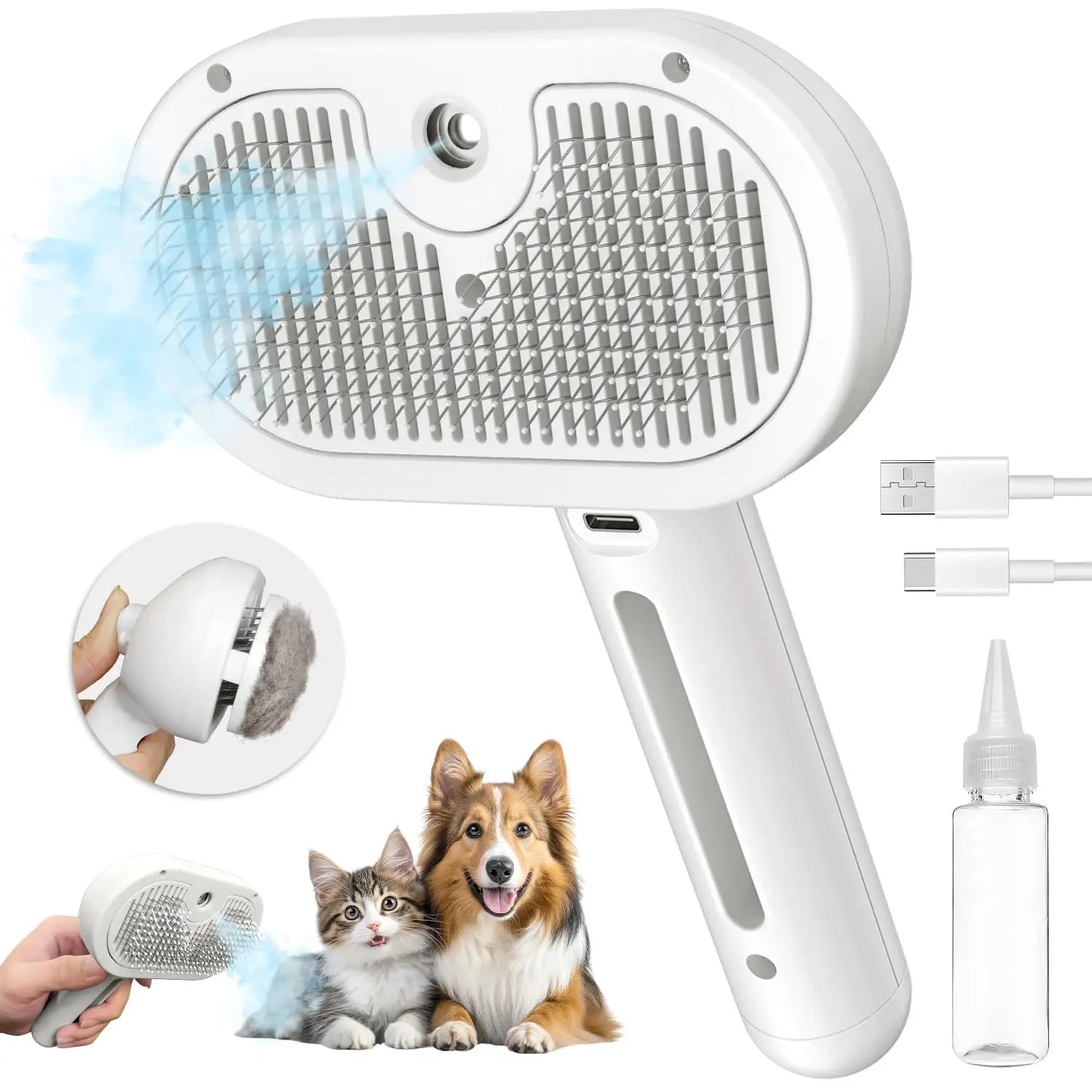 Pet grooming brush spraying fine mist while brushing a cat's fur