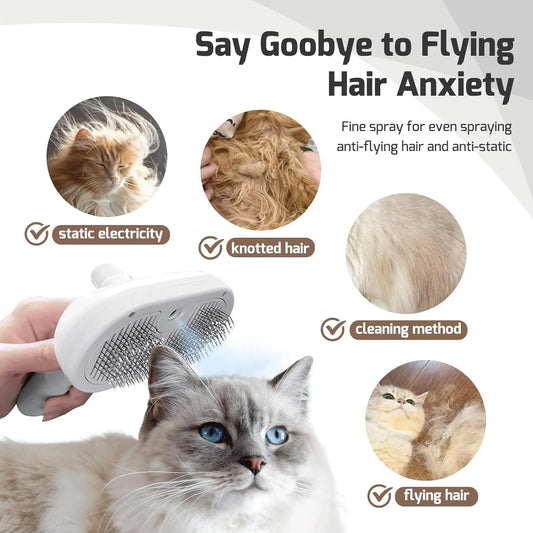 Pet grooming brush spraying fine mist while brushing a cat's fur