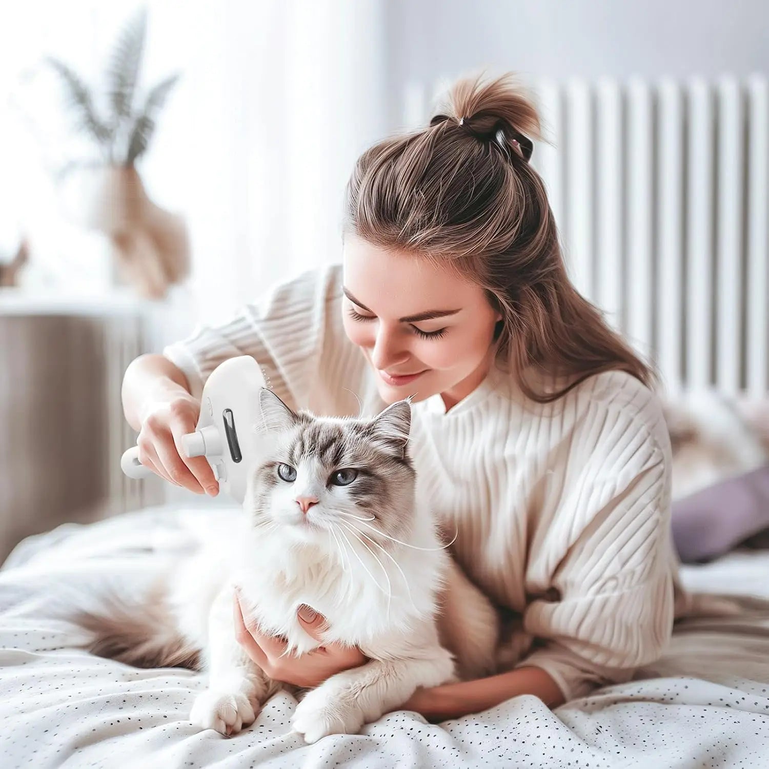 Pet grooming brush spraying fine mist while brushing a cat's fur