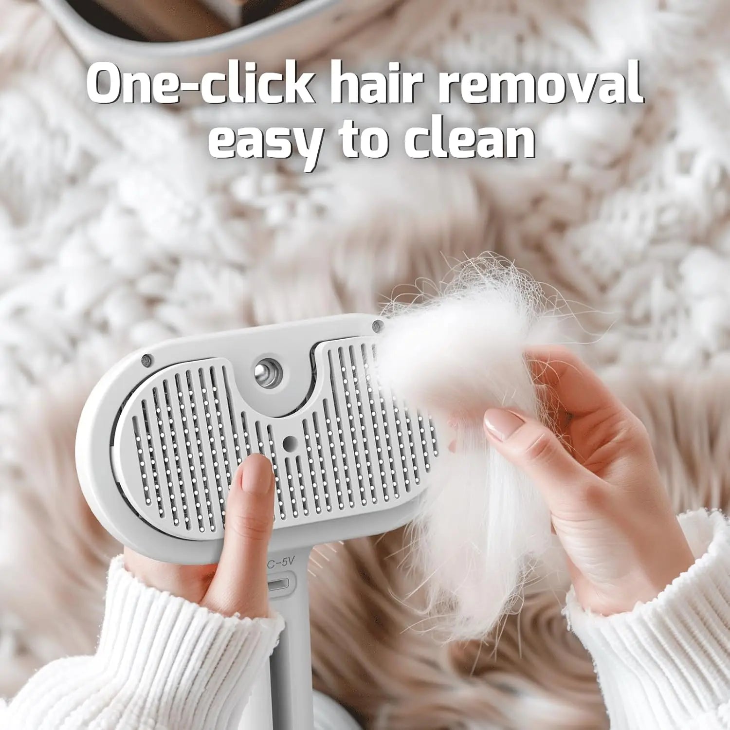 Pet grooming brush spraying fine mist while brushing a cat's fur