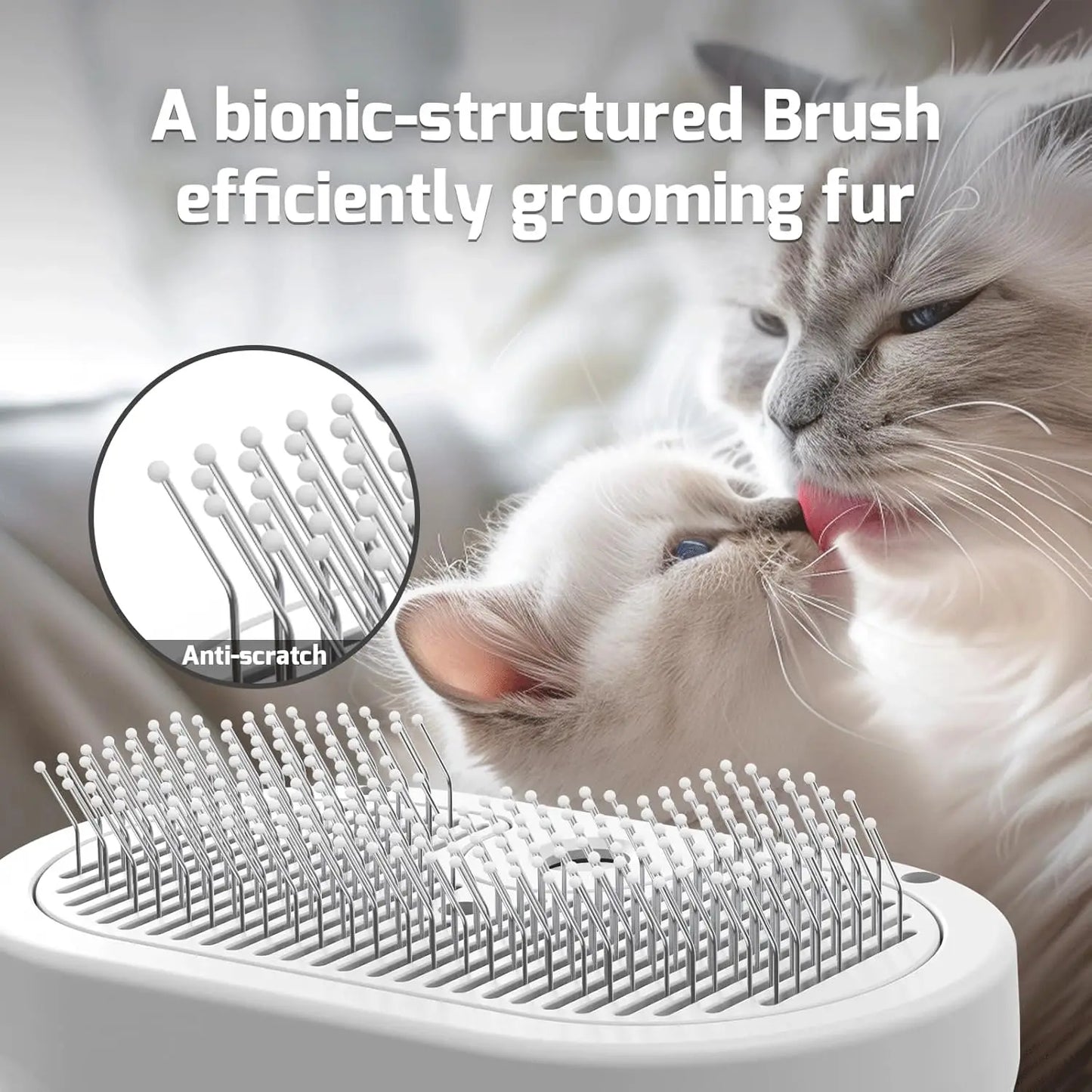 Pet grooming brush spraying fine mist while brushing a cat's fur