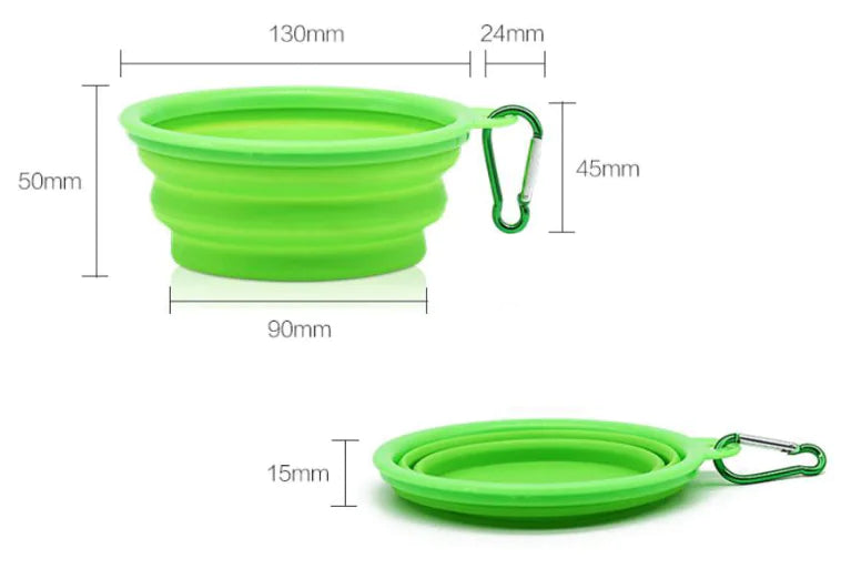 Collapsible silicone pet bowl for dogs and cats in green infographics
