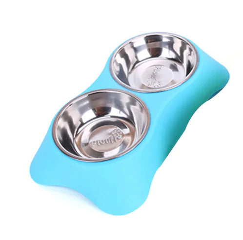 Eco-friendly silicone double pet bowl in blue – non-slip dog and cat feeding station