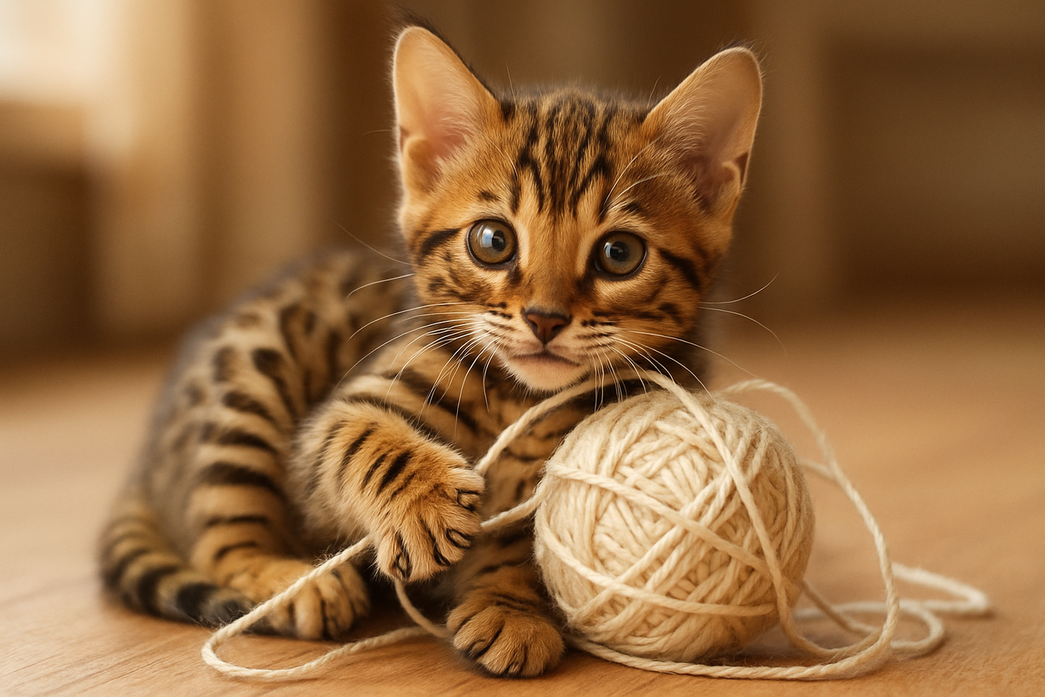 Een hele lieve bengaalse kitten die in de camera kijkt en speelt met een bolletje wol
