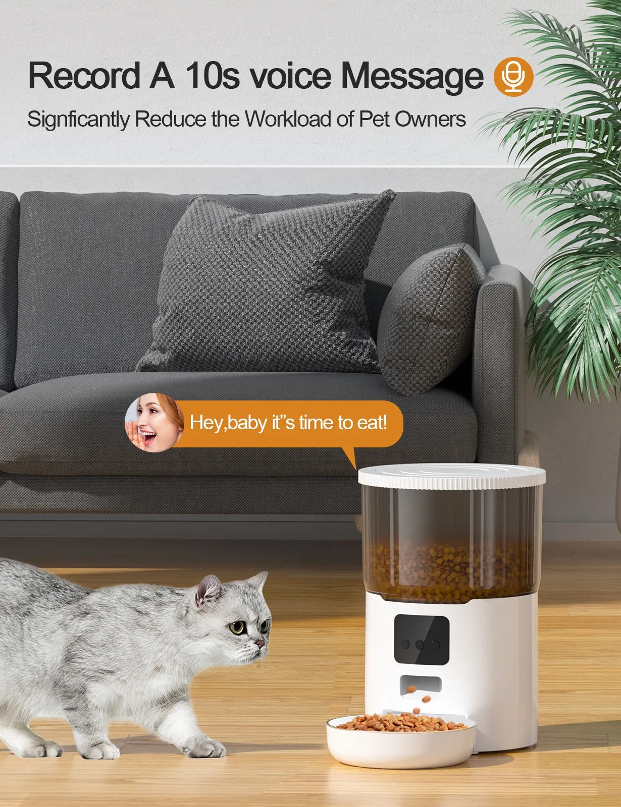 White and black smart pet feeder with transparent buttons