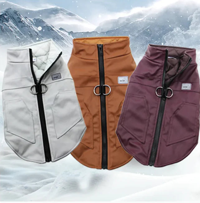 three Leather Winter Vests for a dog or cat, showcasing stylish design and cozy fit for pets.
