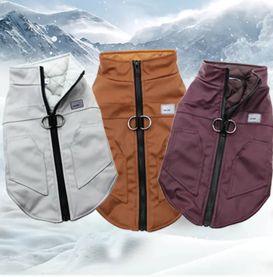 three Leather Winter Vests for a dog or cat, showcasing stylish design and cozy fit for pets.