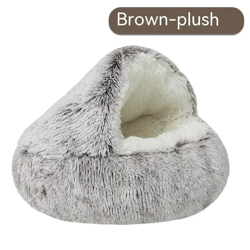 Cozy enclosed velvet pet bed in coffee