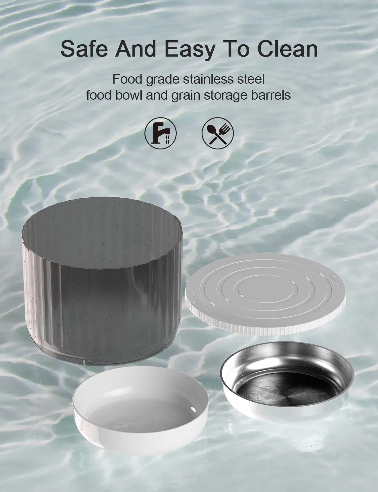 White and black smart pet feeder with transparent buttons