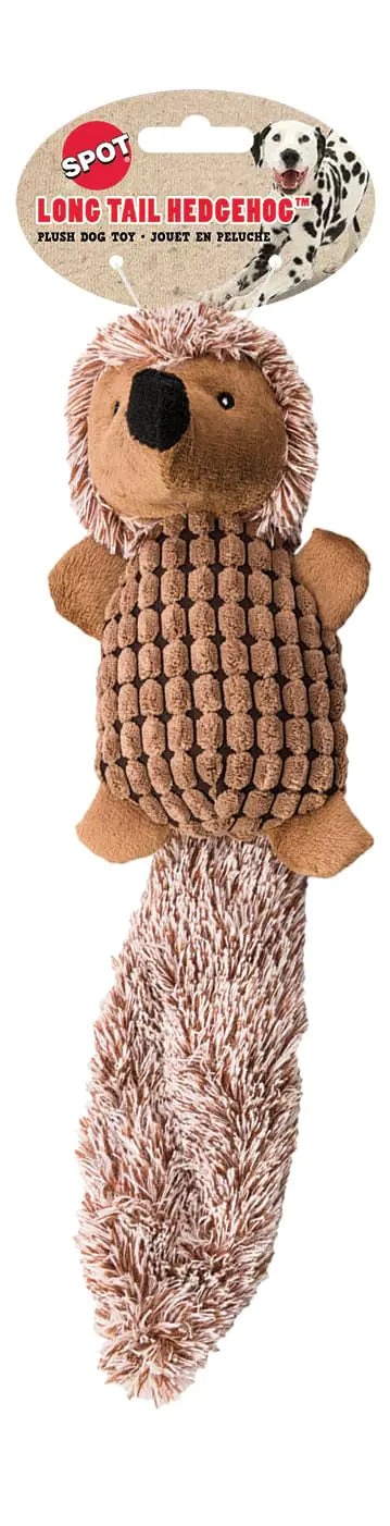 Spot Long Tail Hedgehog Plush Dog Toy with textured fabric and crinkle tail, perfect for dog playtime.
